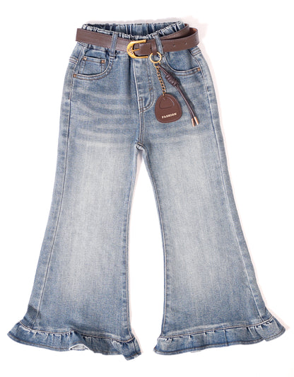 Light-Wash Denim Flared Jeans with Belt and Charm