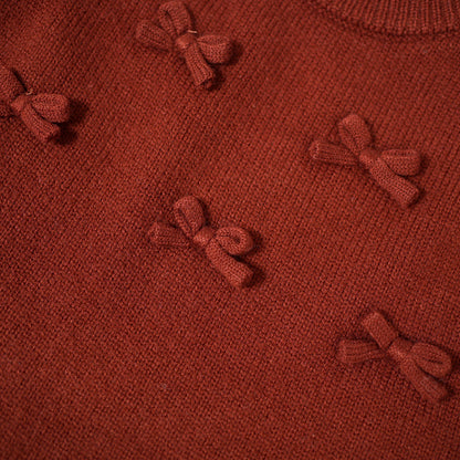 Red Knit Sweater with Bow Details & Frill Hem
