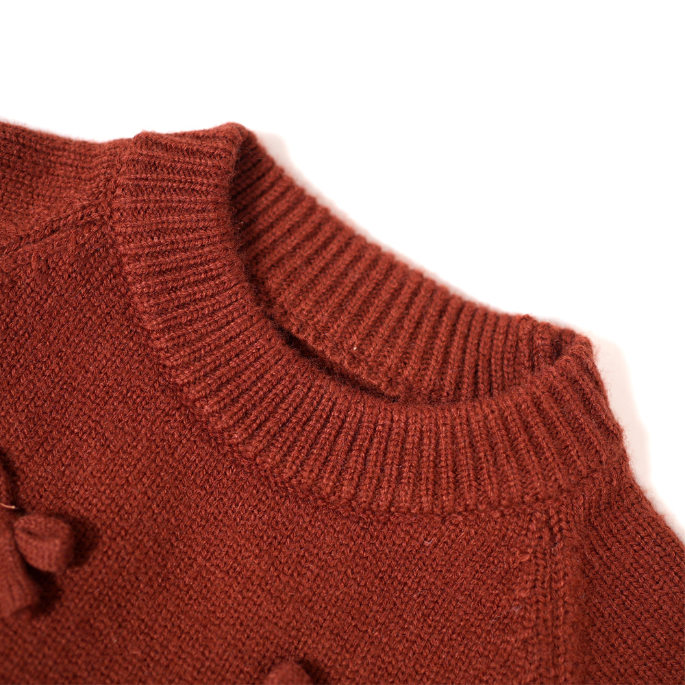 Red Knit Sweater with Bow Details & Frill Hem