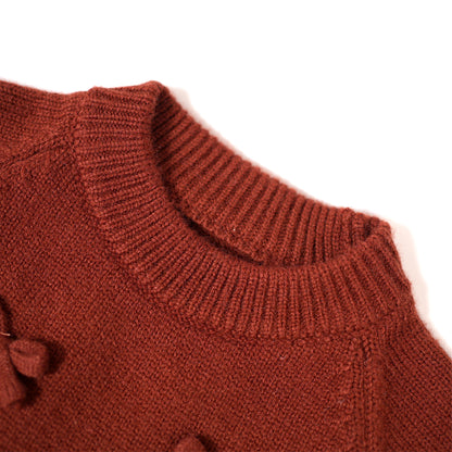 Red Knit Sweater with Bow Details & Frill Hem