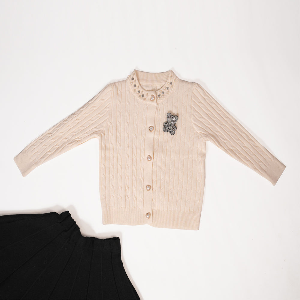 ⁠White Cardigan and Black Skirt Set