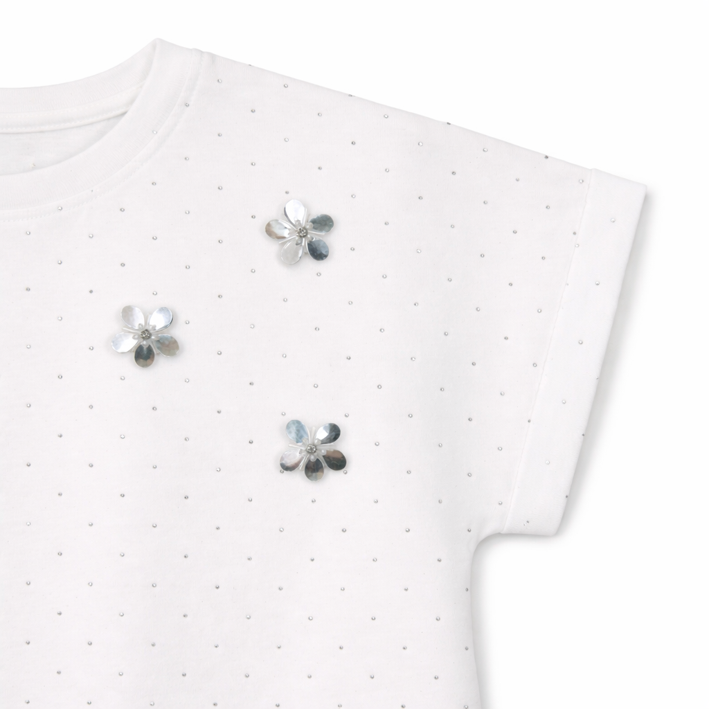 white embellished Polka Floral Tee