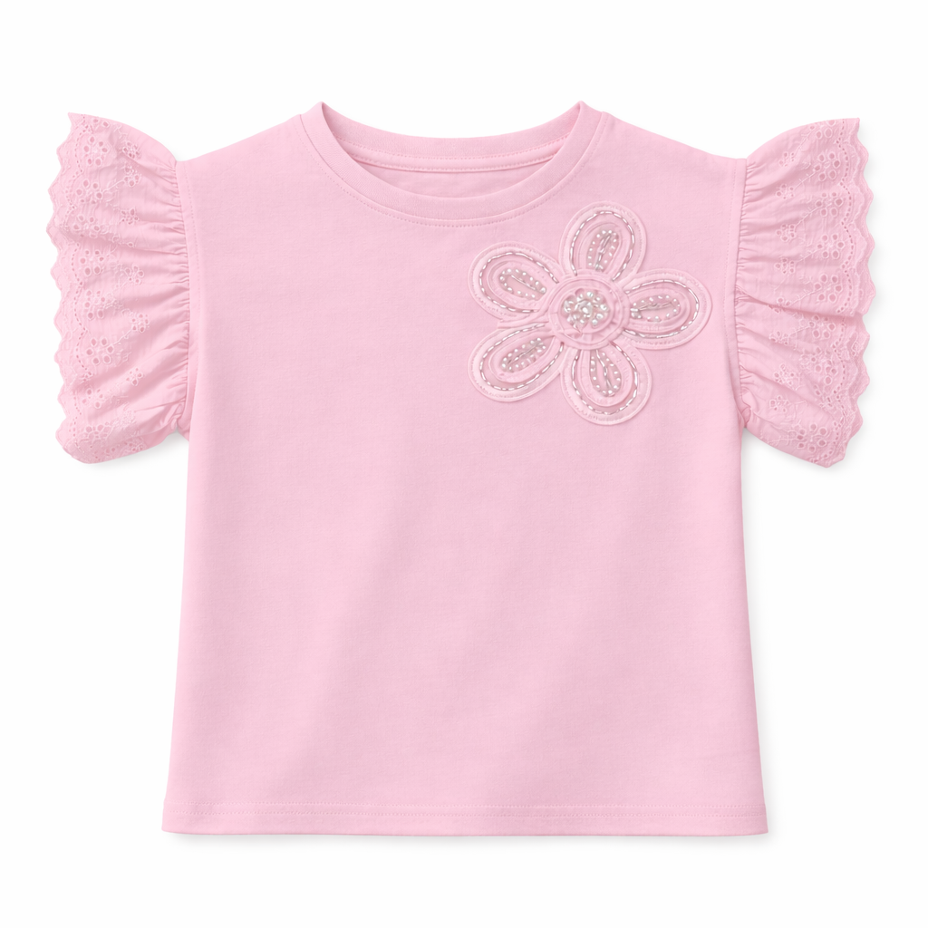 Pink Embellished Floral Flutter Sleeve Tee