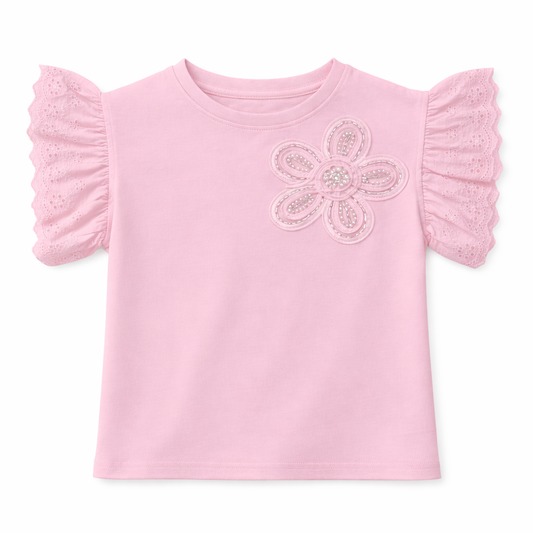 Pink Embellished Floral Flutter Sleeve Tee