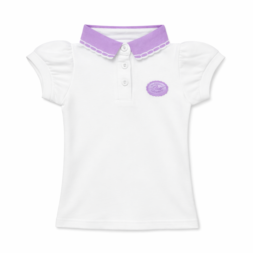 White Polo Tee with Contrast lilac Collar