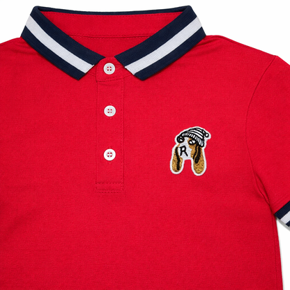 Dog motif Stripe Red Polo