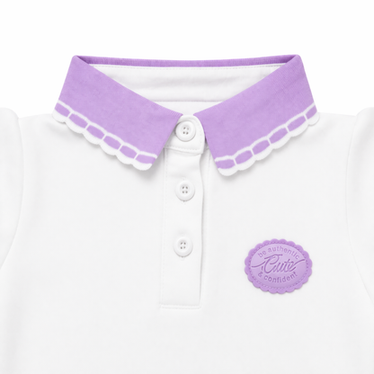 White Polo Tee with Contrast lilac Collar