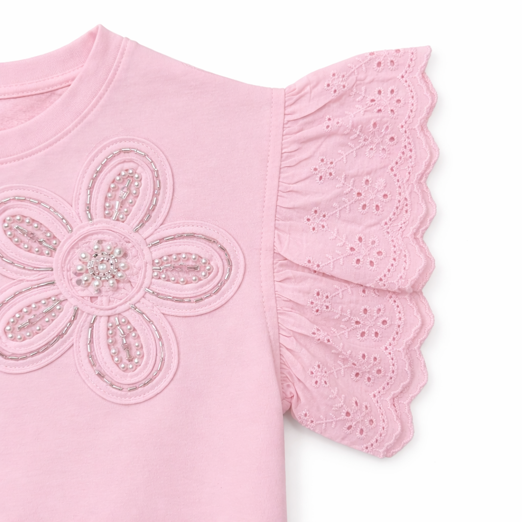 Pink Embellished Floral Flutter Sleeve Tee