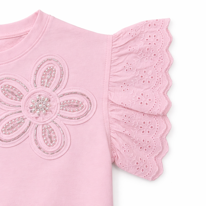 Pink Embellished Floral Flutter Sleeve Tee