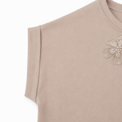Beige Floral Appliqué Tee