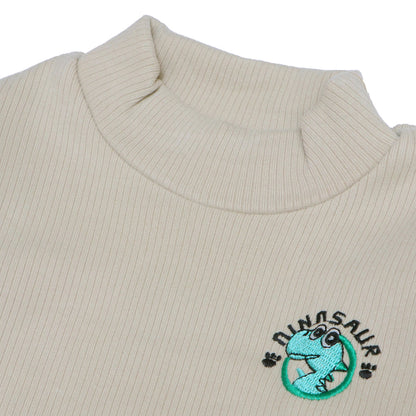 Beige ⁠Ribbed Top – Dinosaur Patch