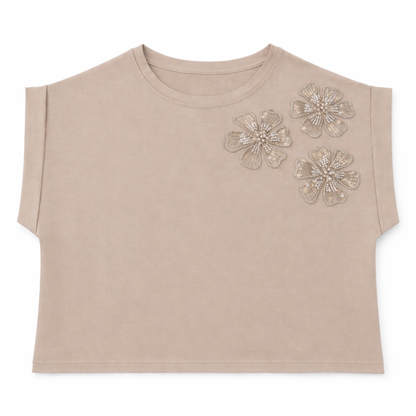 Beige Floral Appliqué Tee