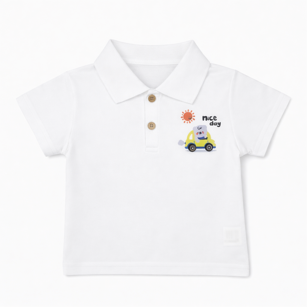 Car Print Polo Tee & Denim Shorts Set