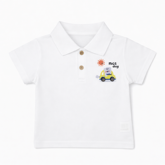 Car Print Polo Tee & Denim Shorts Set
