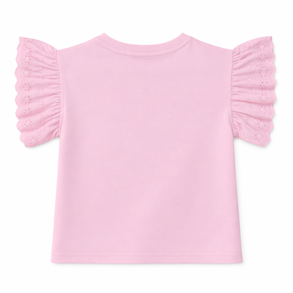 Pink Embellished Floral Flutter Sleeve Tee