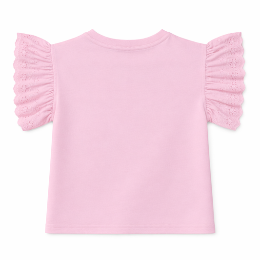 Pink Embellished Floral Flutter Sleeve Tee