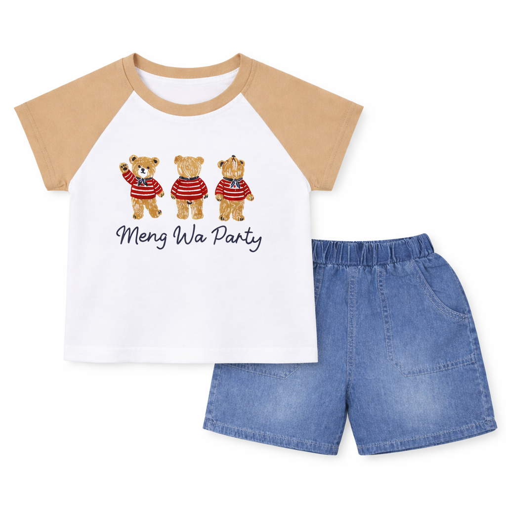 Bear Graphic Tee & Denim Shorts Set