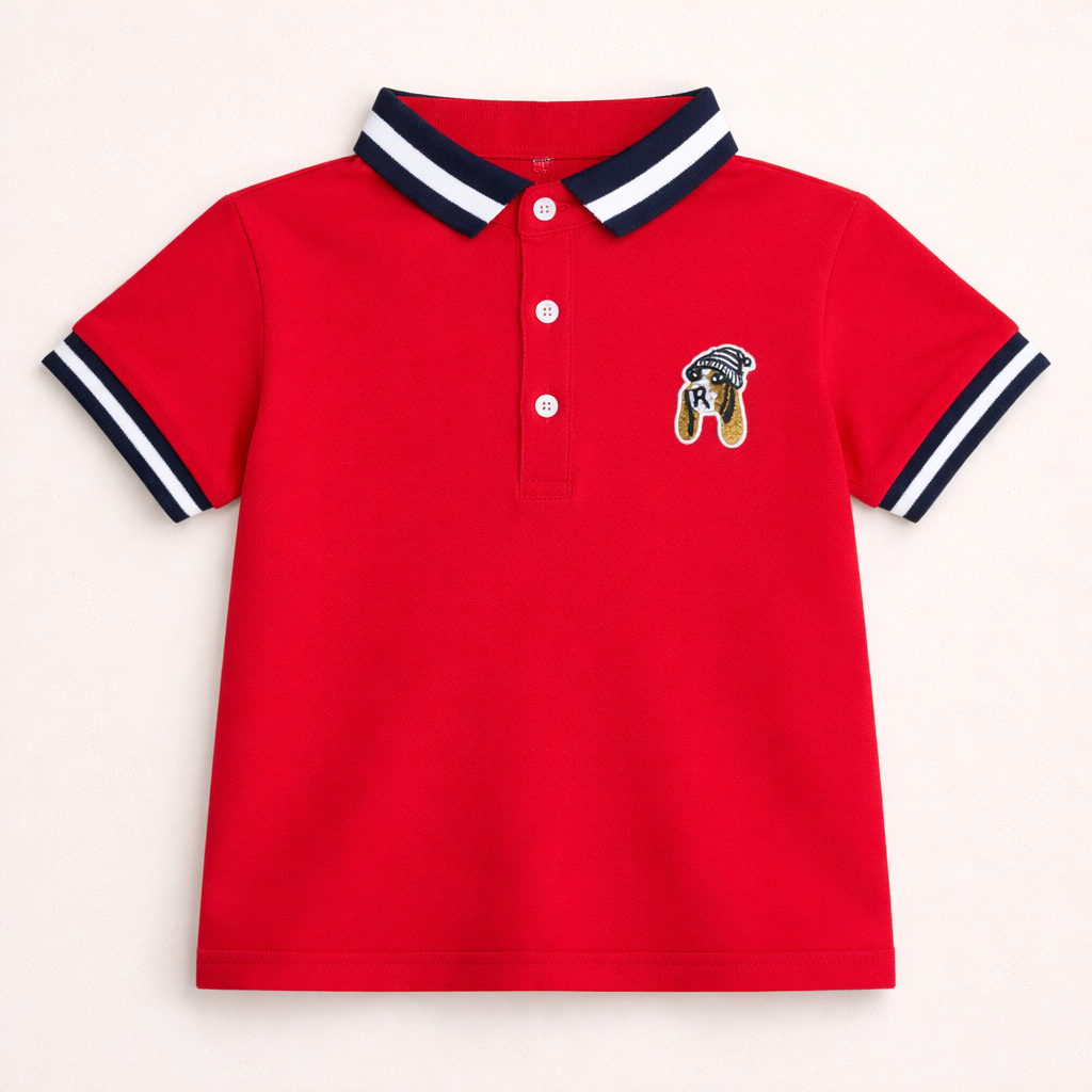 Dog motif Stripe Red Polo