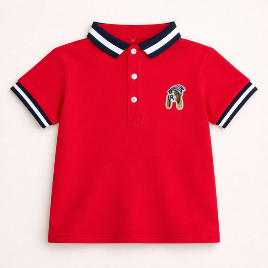 Dog motif Stripe Red Polo