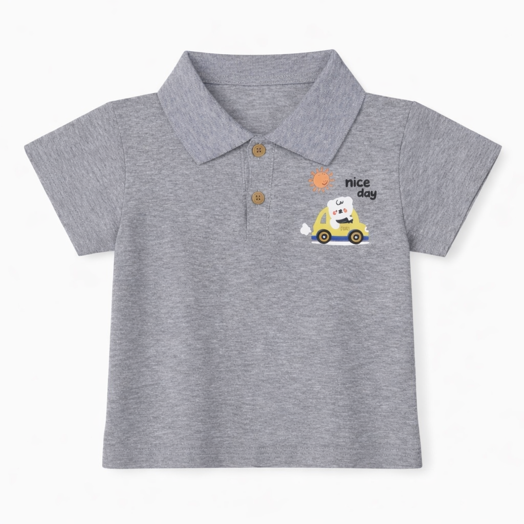 Car Print Polo Tee & Denim Shorts Set