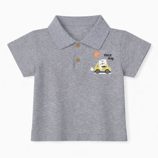 Car Print Polo Tee & Denim Shorts Set
