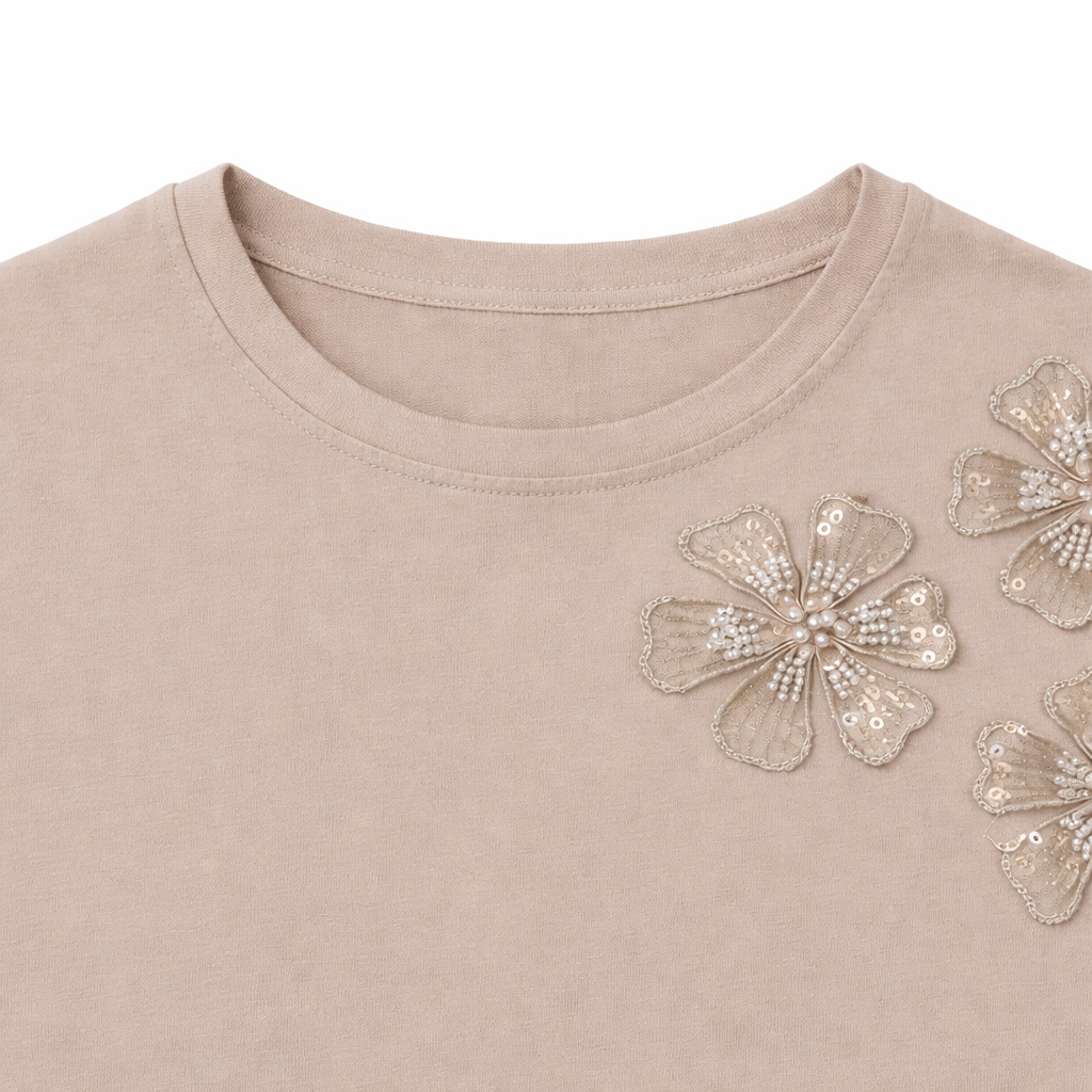 Beige Floral Appliqué Tee