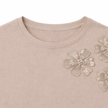 Beige Floral Appliqué Tee