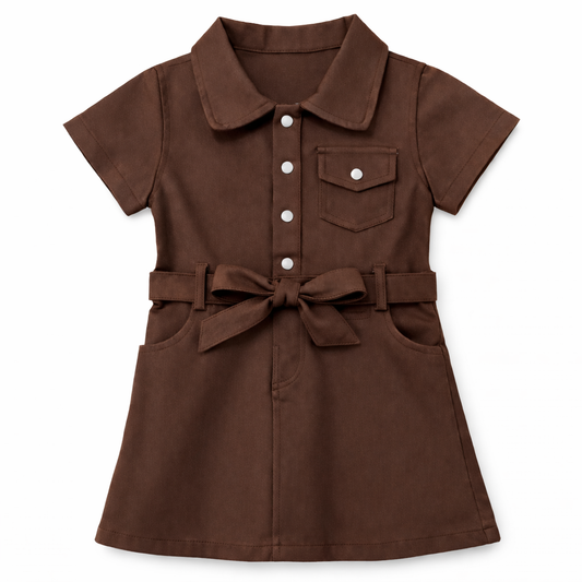 Cocoa Button-Front Belted Dress