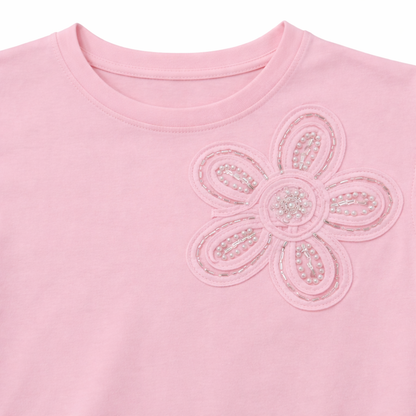 Pink Embellished Floral Flutter Sleeve Tee