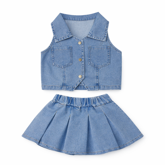 Denim Vest & Pleated Skirt Coord Set