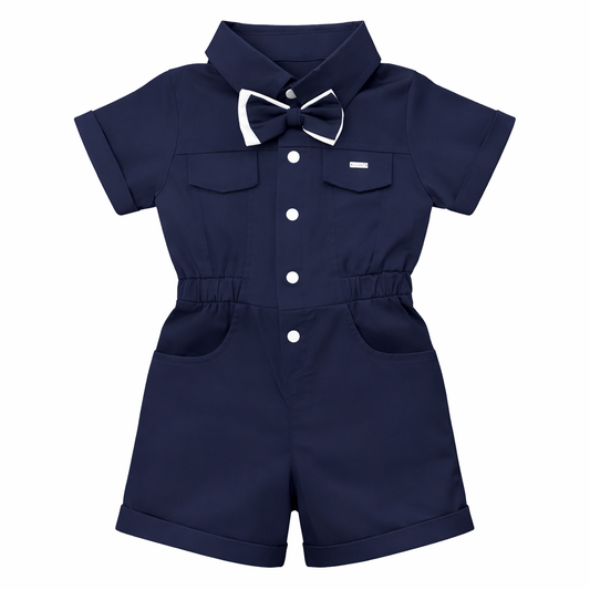 Navy Blue Bow Utility Romper