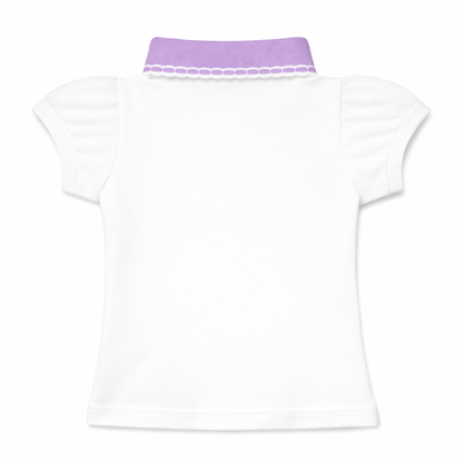 White Polo Tee with Contrast lilac Collar