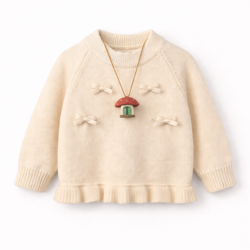 White knit sweater with bow details and frill hem