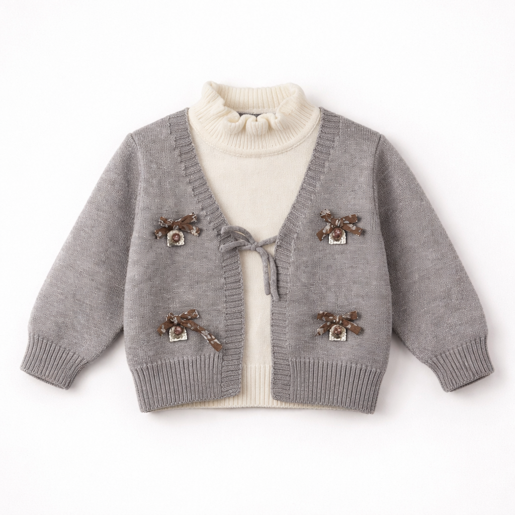 Grey knit cardigan set with cream inner top