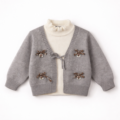 Grey knit cardigan set with cream inner top