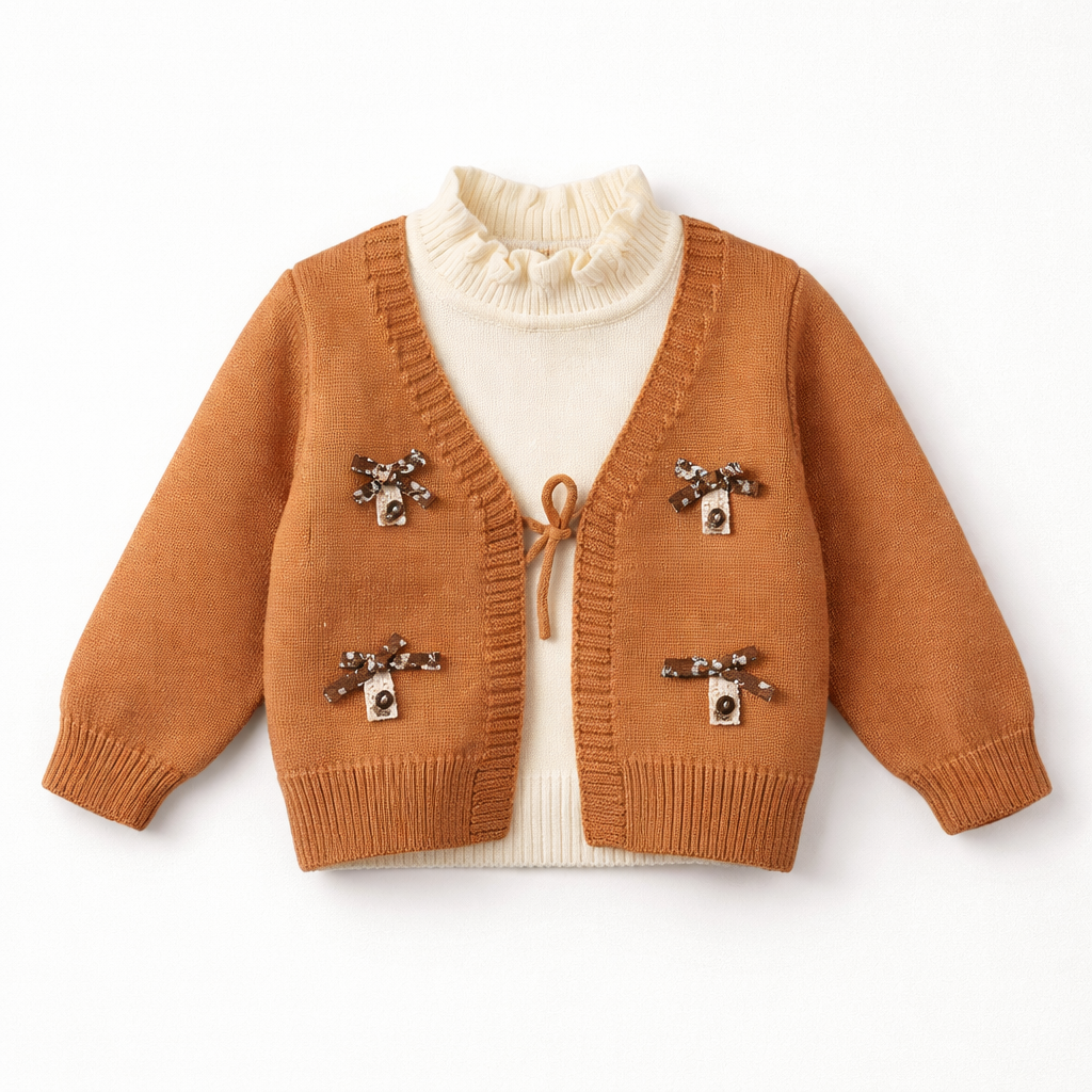 Camel knit cardigan set with cream inner top