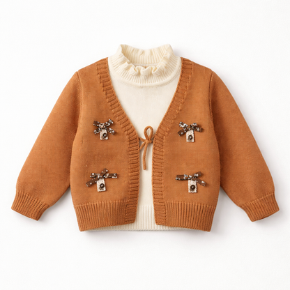 Camel knit cardigan set with cream inner top