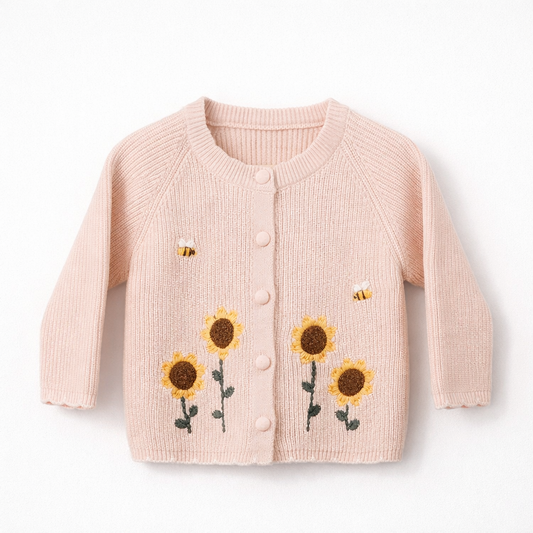 Pink sunflower embroidered cardigan