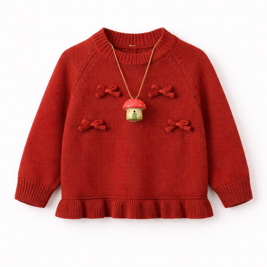 Red Knit Sweater with Bow Details & Frill Hem